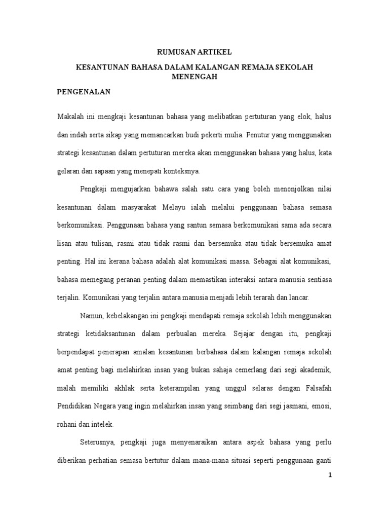 Rumusan Artikel Kesantunan Golongan Remaja Pdf