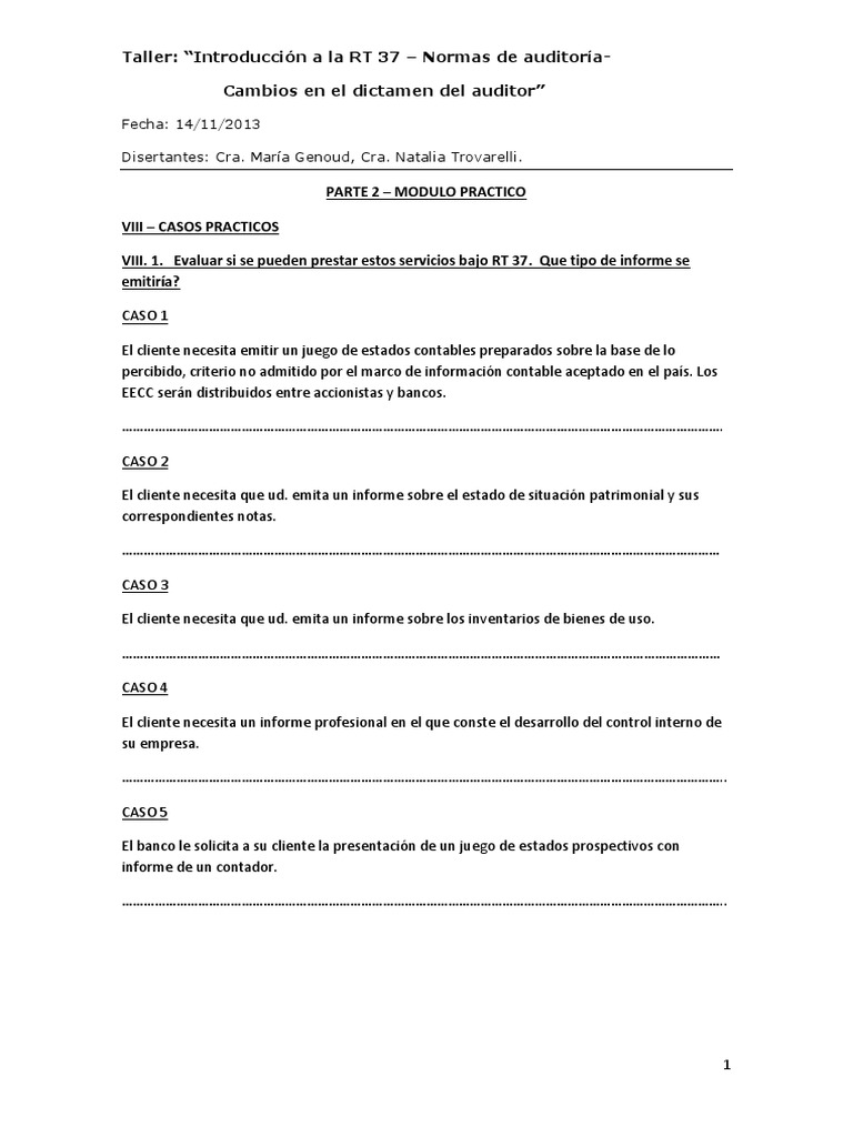 1 Taller RT 37 Casos Prácticos | PDF | Auditoría financiera | Contralor