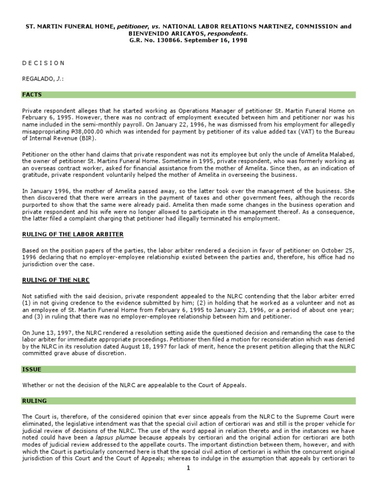 11.St. Martin Funeral Home Vs NLRC GR 130866 Sept. 16, 1998 Download