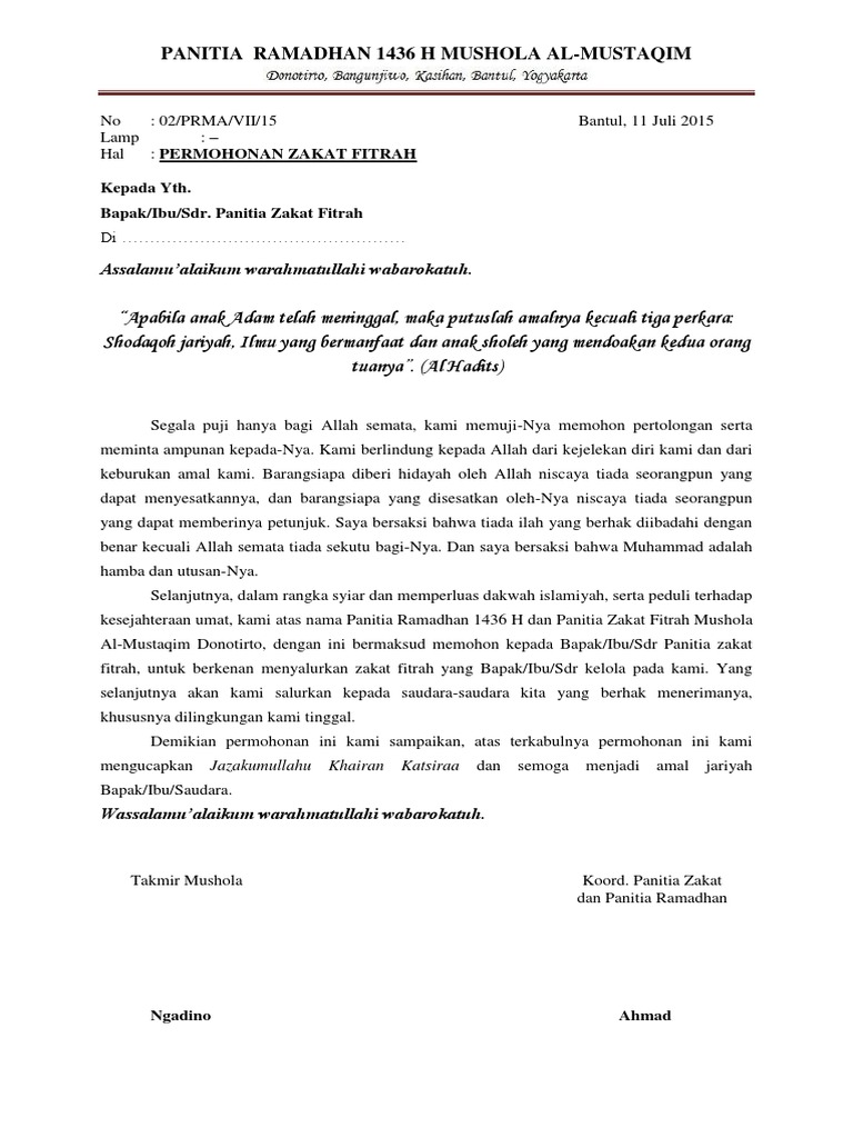 Permohonan Zakat Fitrah Mushola Almustaqim