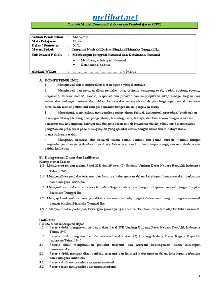 Rpp Ppkn 10b Kp 1 Bab 3 Melihat Net Integrasi Nasional Dalam Bingkai Bhinneka Tunggal Ika