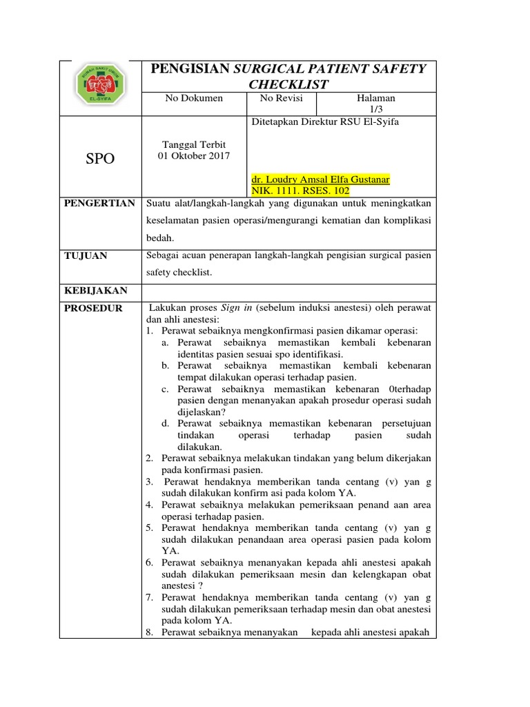 Spo Pengisian Surgical Patient Safety Checklist | PDF