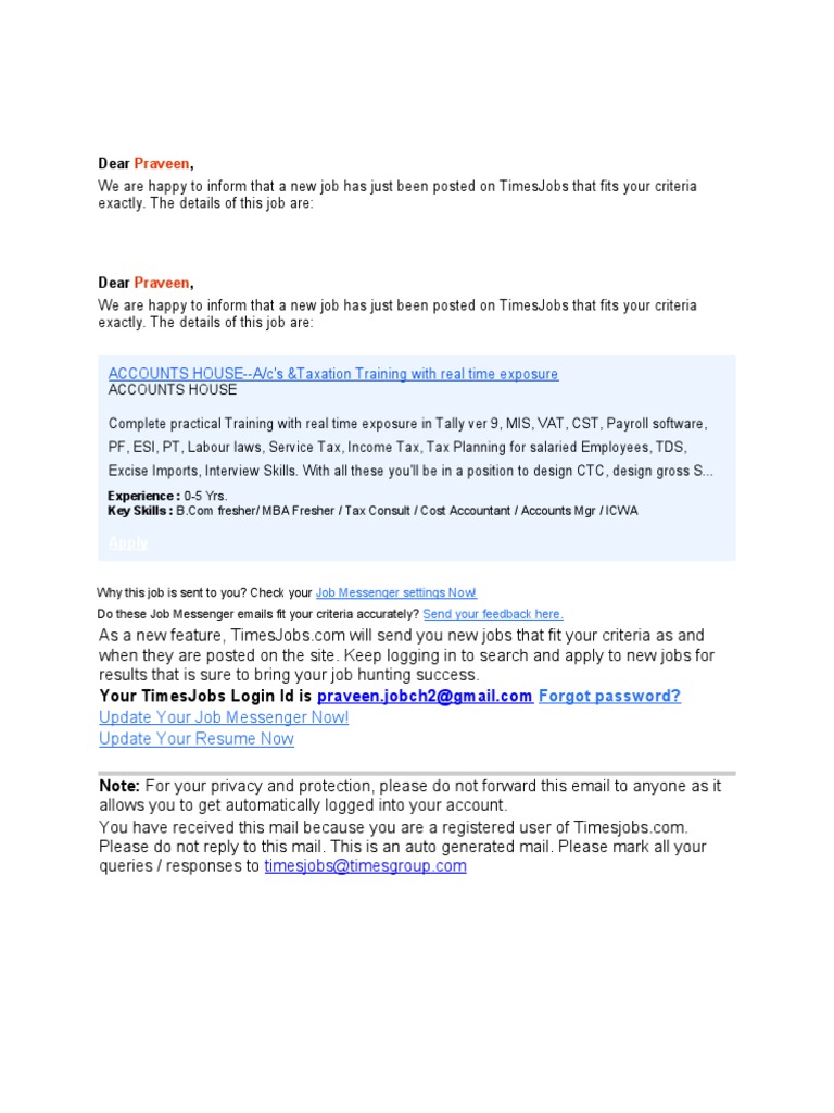 New Job Alert on TimesJobs for You | PDF