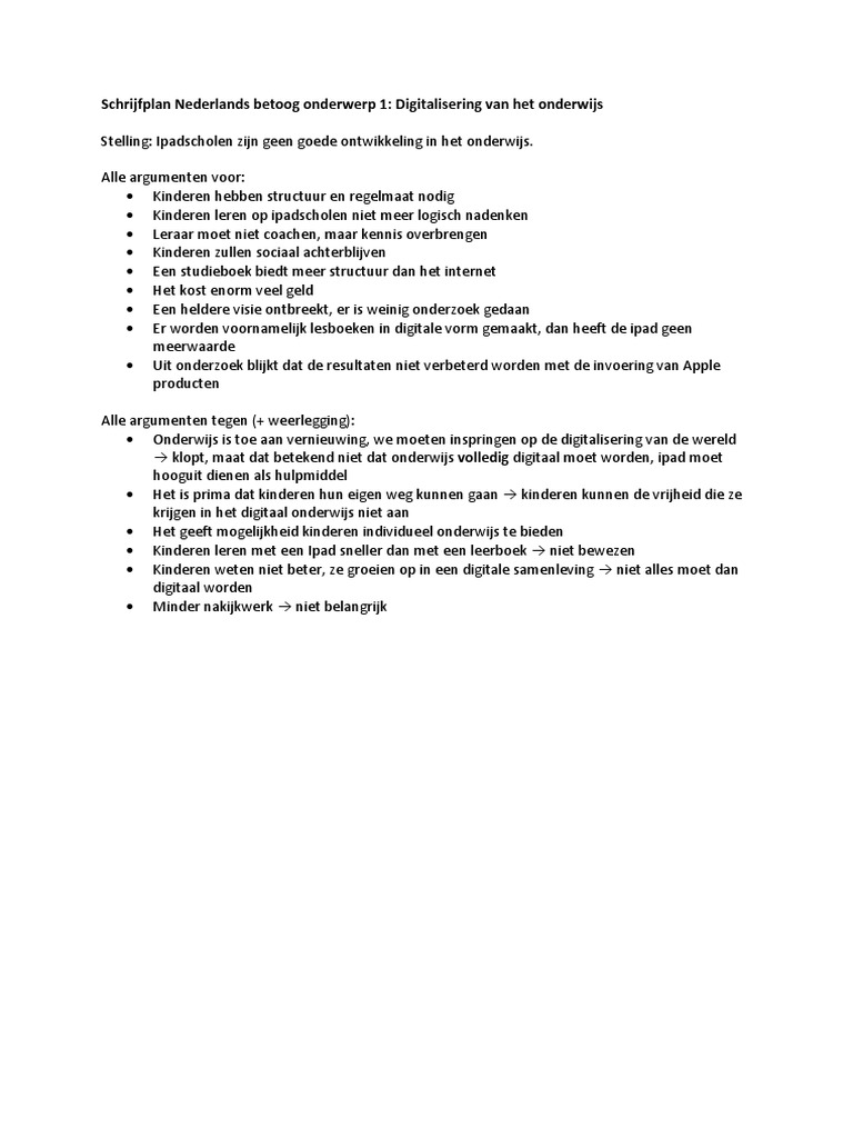 Schrijfplan Nederlands Betoog Onderwerp 1