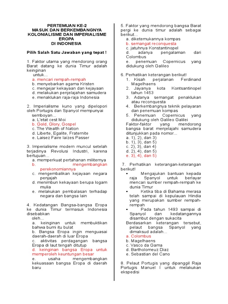 Soal Pilihan Ganda & Jawaban Kolonialisme & Imperialisme