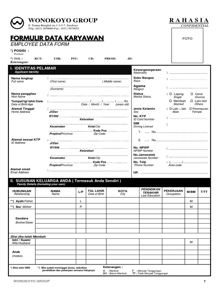 Formulir Data Karyawan Wonokoyo Group | PDF | Bahasa