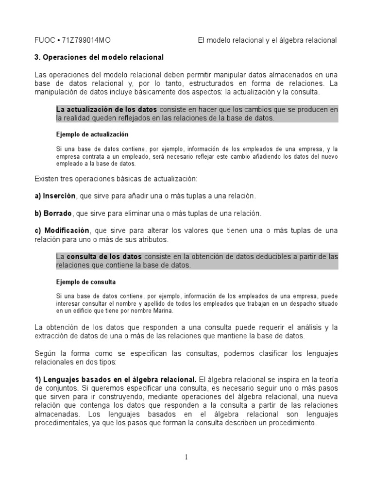 Operaciones del Modelo Relacional | PDF | Modelo relacional | SQL