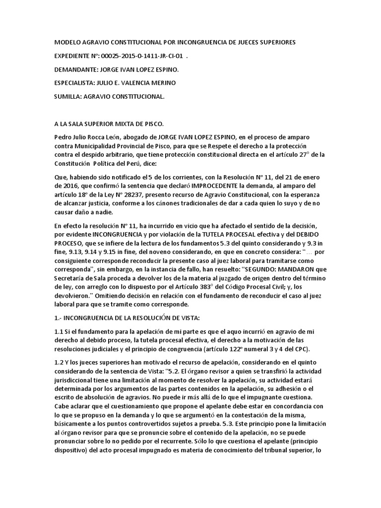 Modelo Agravio Constitucional Por Incongruencia de Jueces Superiores -  Noche | PDF | Debido al proceso | Ley procesal