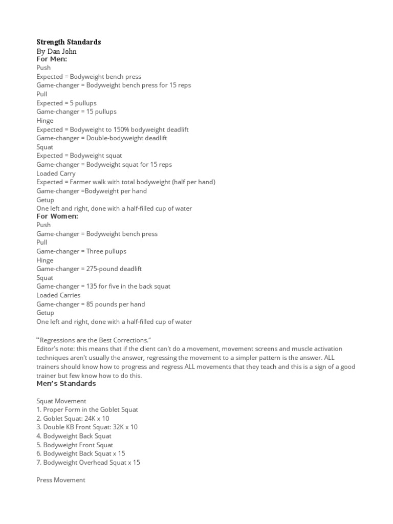 Dan John's Strength Standards Guide | PDF | Kettlebell | Physical Exercise