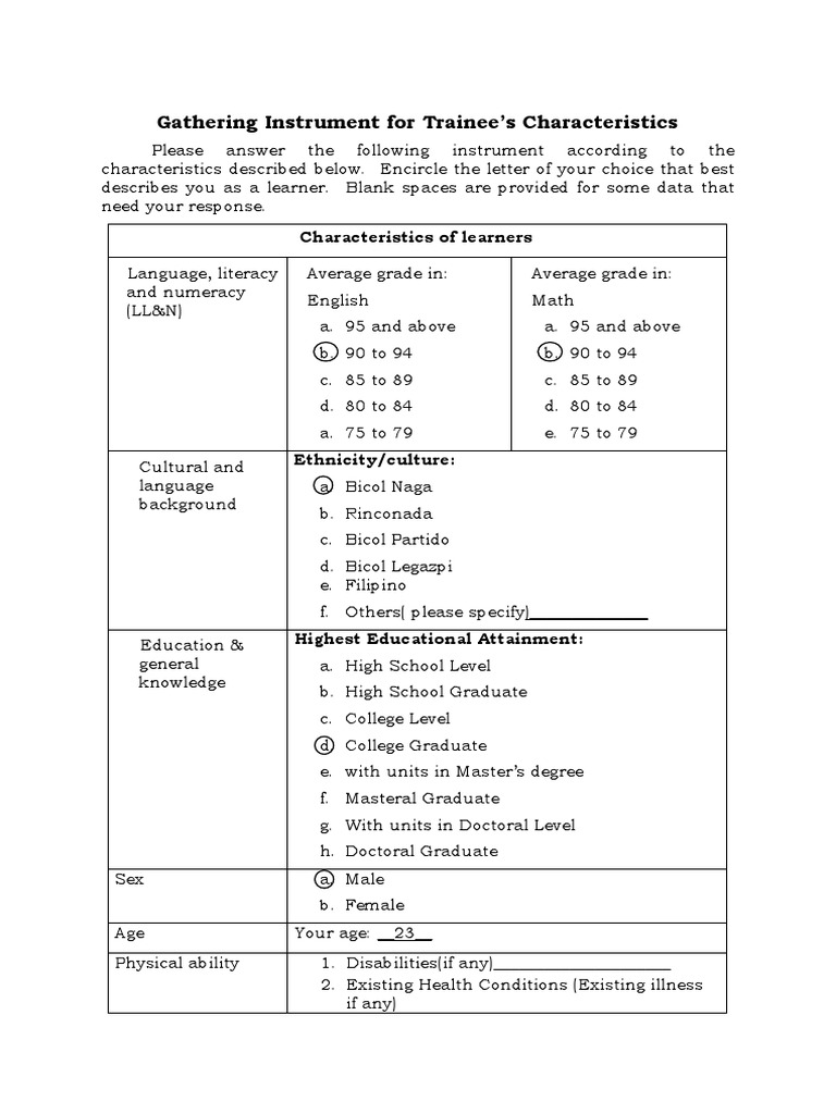 Gathering Instrument for Trainee’s Characteristics Learning Styles Educational Psychology