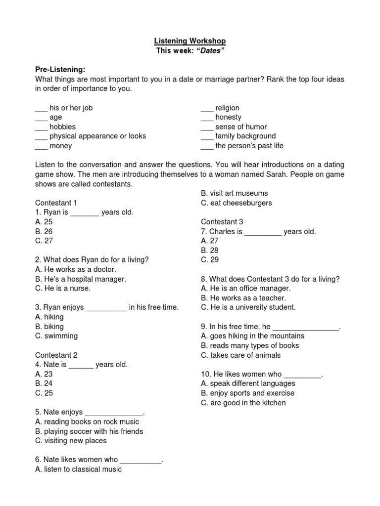 Dating Game Show Listening Exercise | PDF