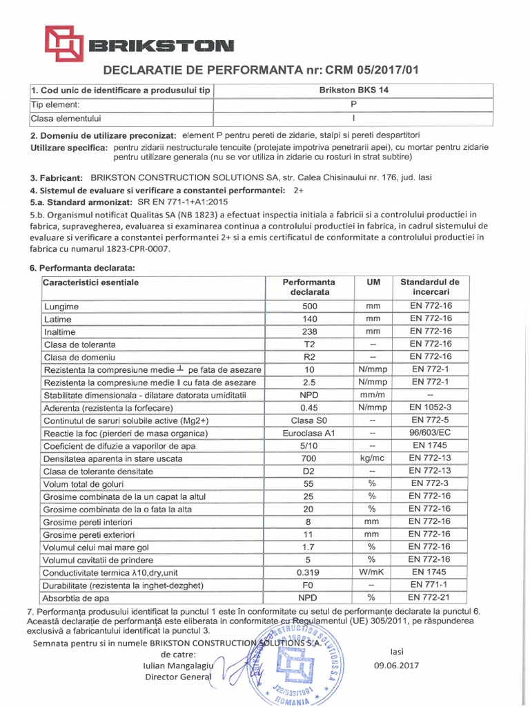 Declaratie de Performanta Brikston BKS 14 | PDF