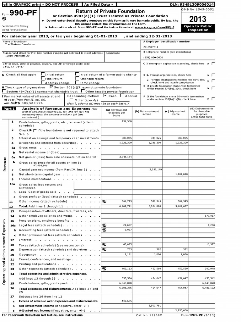 Thirteen Foundation 2013 Revenue Expense