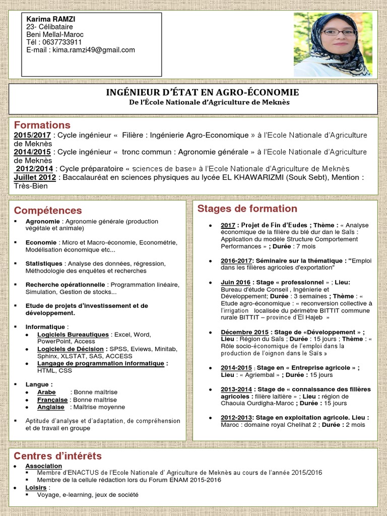Cv Karima Ramzi Science Agricole Ingenieur