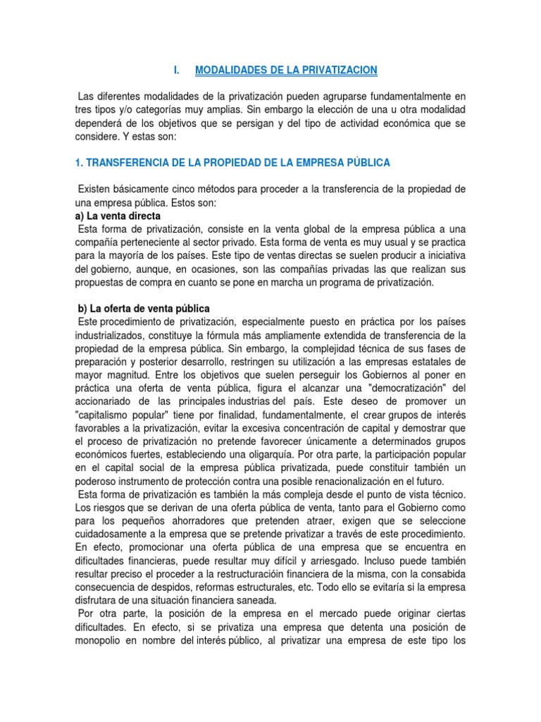 Tipos de Privatización y Modalidades | PDF | Privatización | Empresa de ...