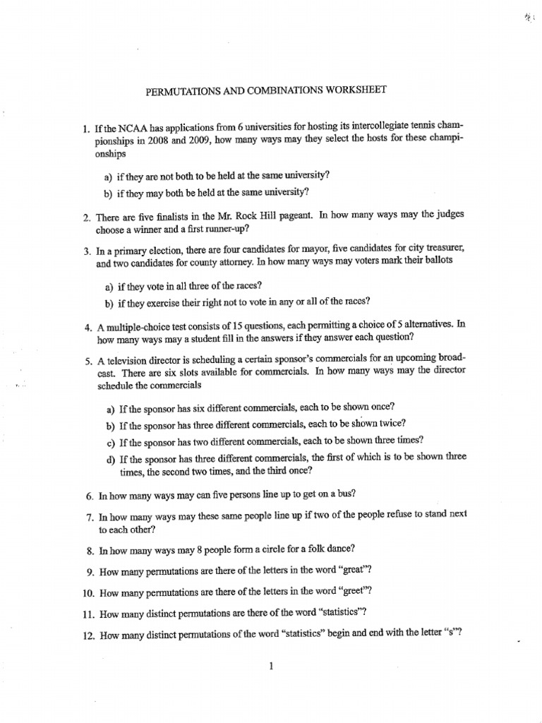 Permutation and Combination Worksheet With Answers  PDF Throughout  Permutations And Combinations Worksheet Answers
