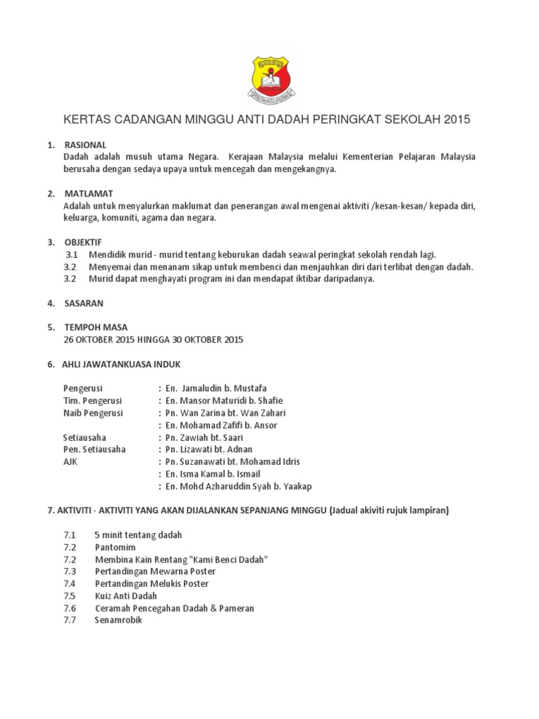 Kertas Cadangan Minggu Anti Dadah Peringkat Sekolah 2015 Pdf