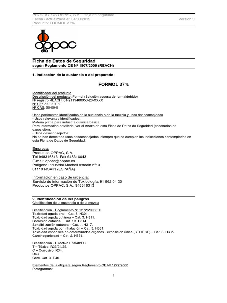 Hoja de Seguridad Formol 37% | PDF | Formaldehído | Toxicidad