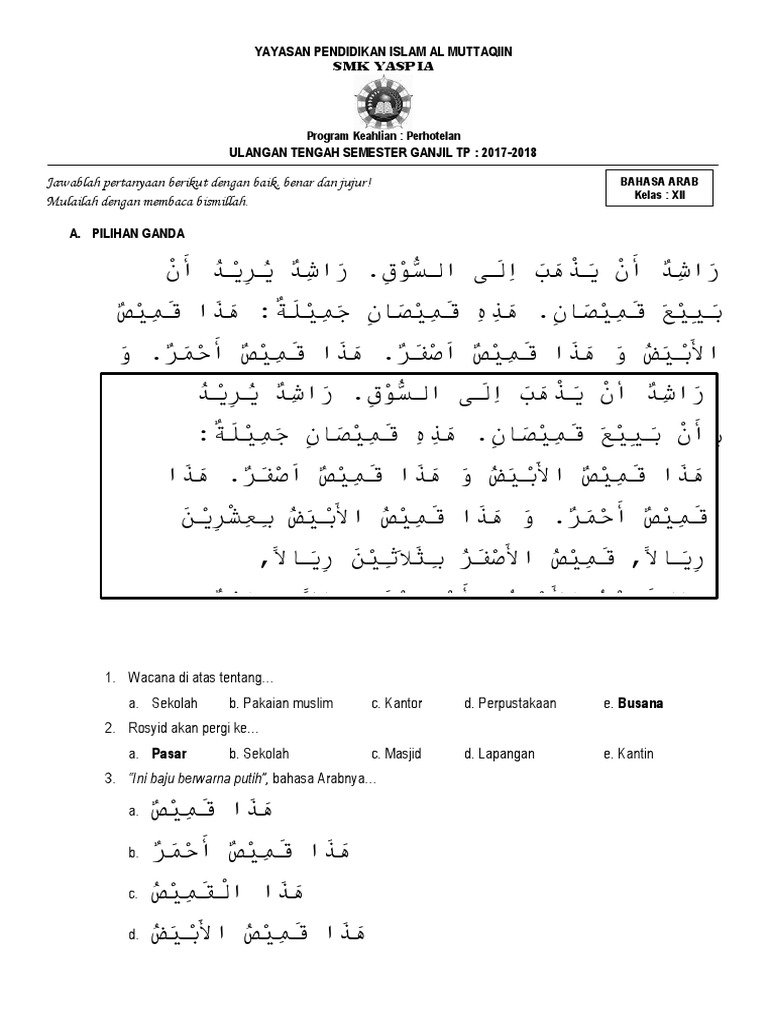 Kisi Kisi Soal Uts Bahasa Arab Madrasah Aliyah Materi Soal