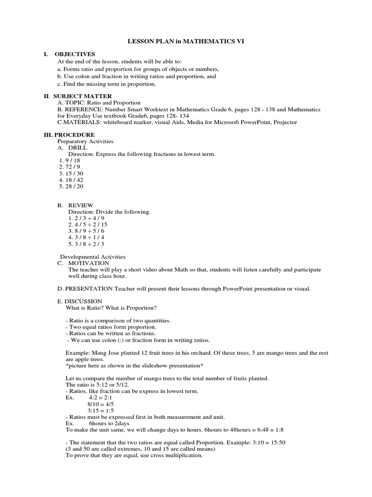 Grade 6 Ratio and Proportion Lesson Plan | PDF | Ratio | Fraction ...