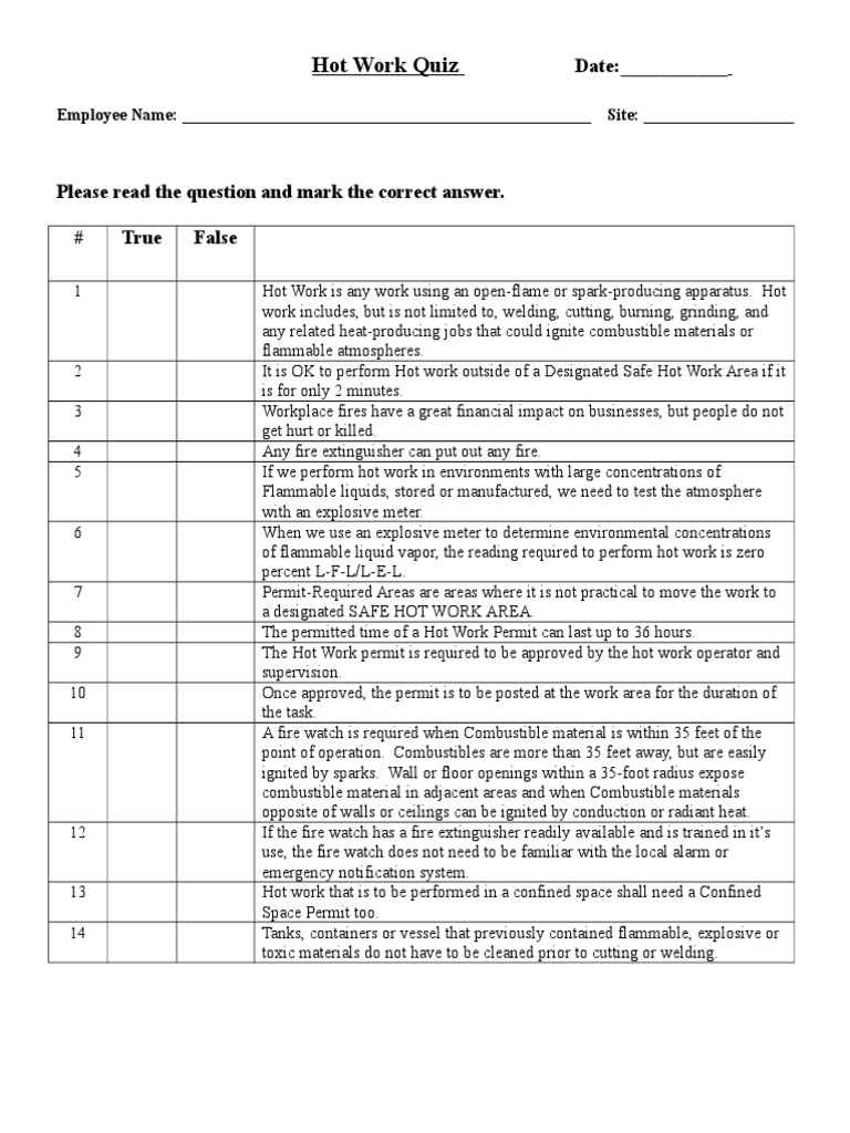 Hot Work Quiz PDF Fires Prevention