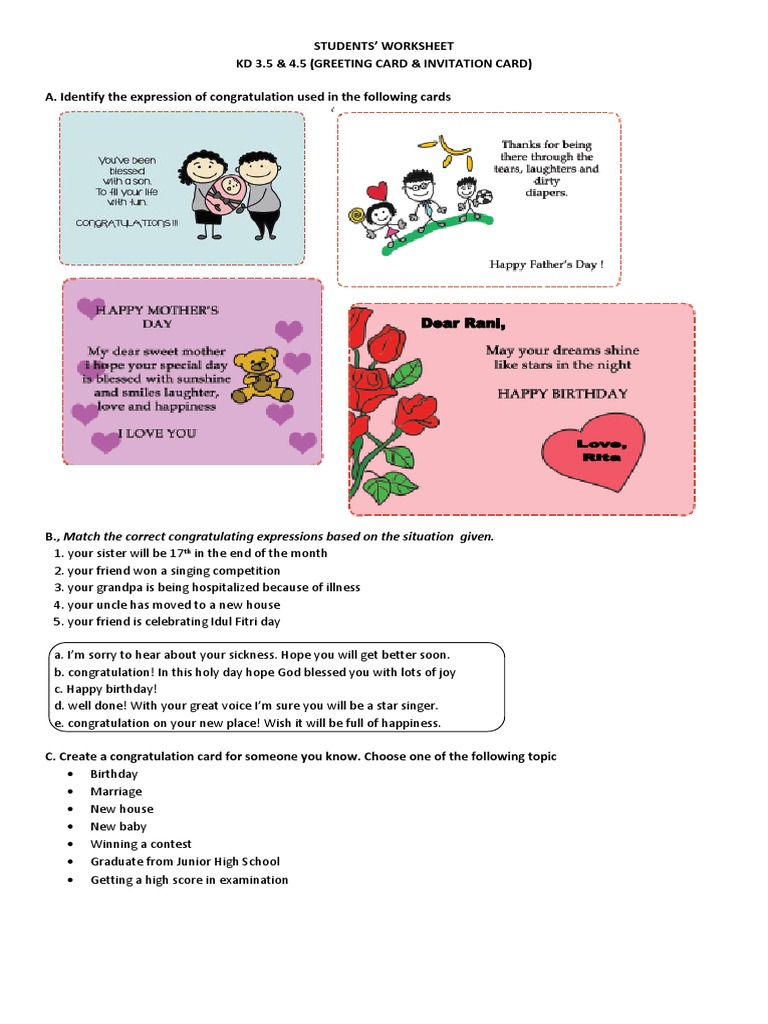 Worksheet Greeting Card PDF