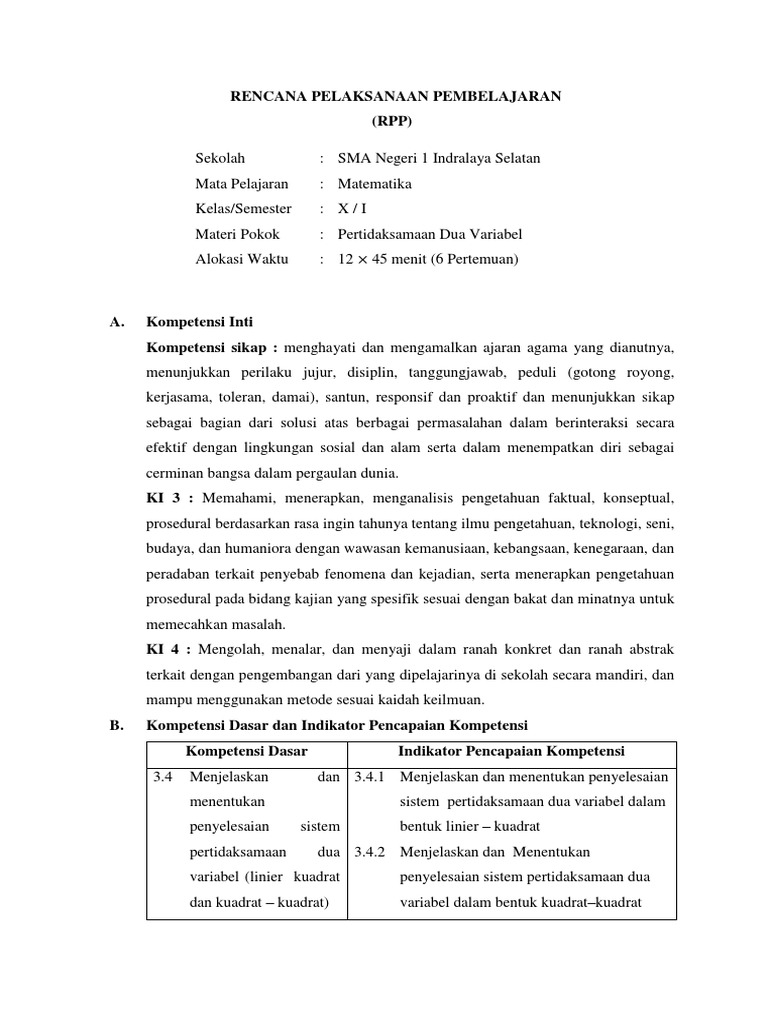 RPP Matematika Wajib Kelas X SMA KD 3.4 (Pertidaksamaan Dua Variabel) | PDF
