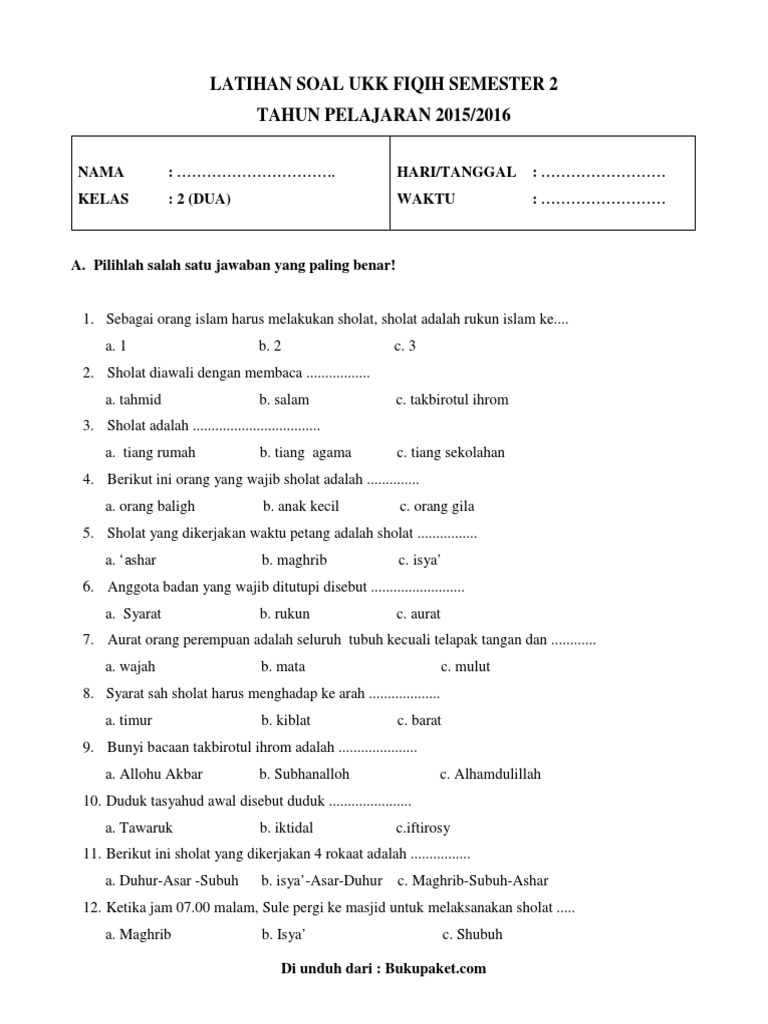 Soal Ukk Fiqih Kelas 2 Sd Dan Mi Pdf