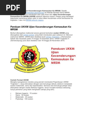 Panduan Ukkm Ujian Kecenderungan Kemasukan Ke Mrsm 2015 Pdf