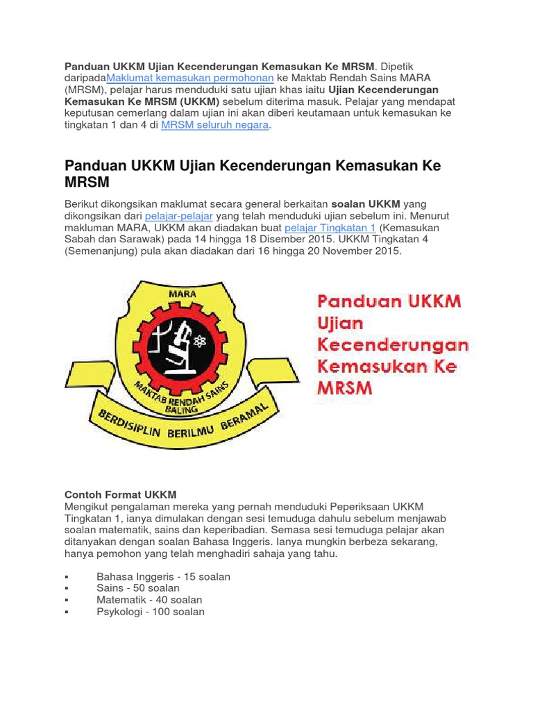Panduan Ukkm Ujian Kecenderungan Kemasukan Ke Mrsm 2015 Pdf