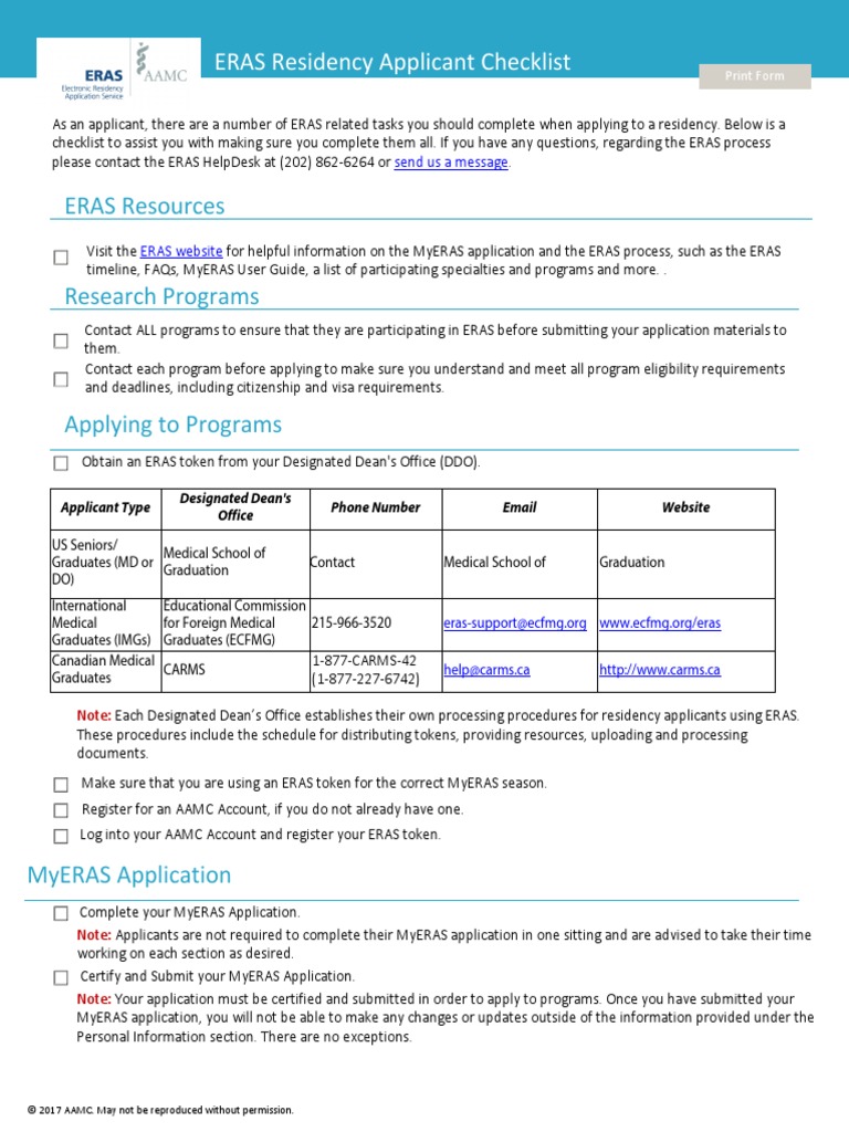 2018 Eras Residency Process Checklist Residency Medicine