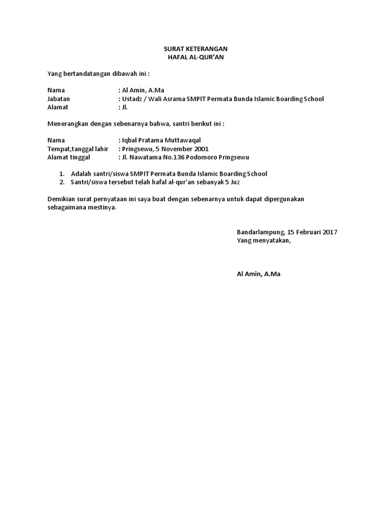 Surat Keterangan Hafalan Pdf