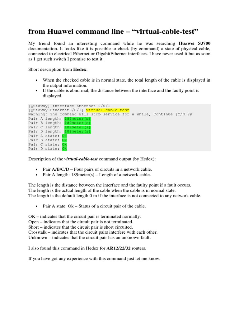 Huawei Virtual Cable Test Command | PDF