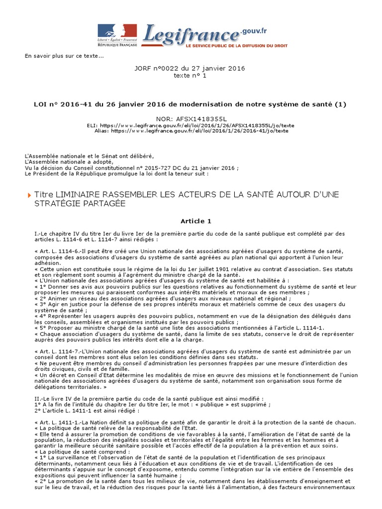 LOI n° 201641 du 26 janvier