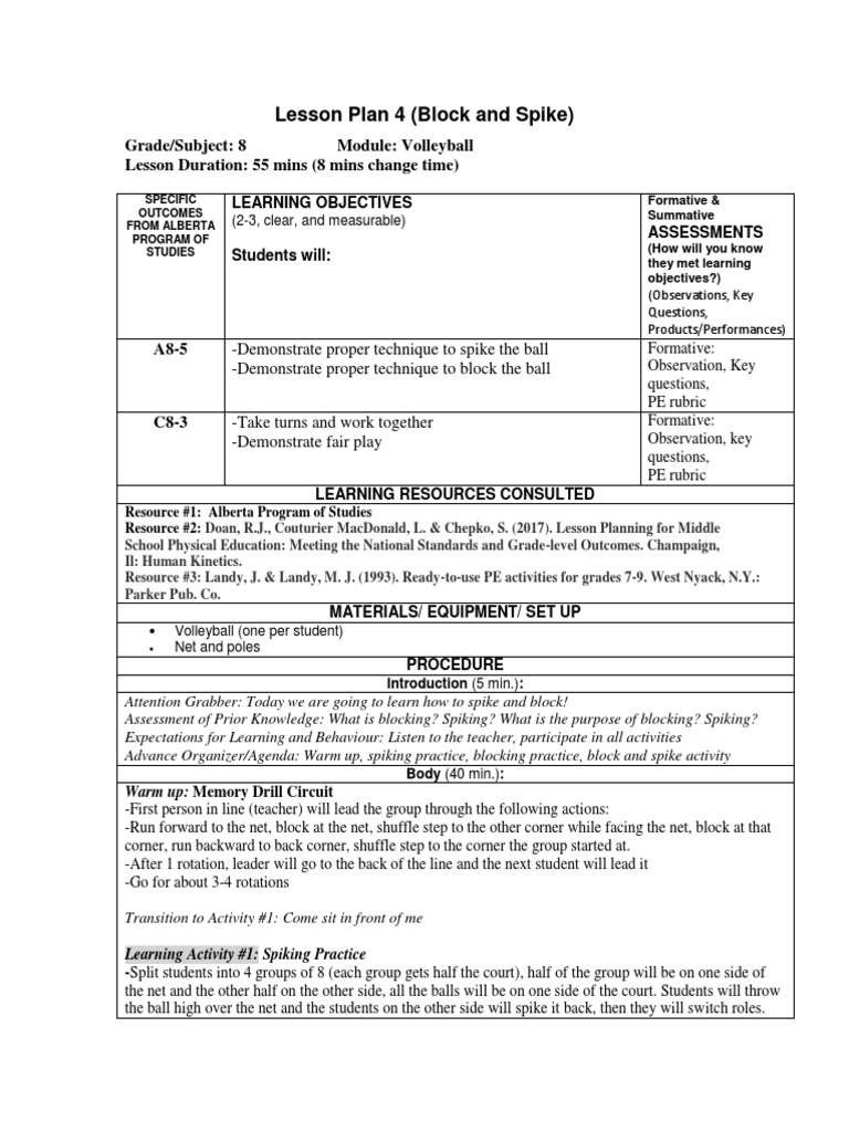 Reflection Volleyball Lesson 4 Block and Spike PDF Volleyball