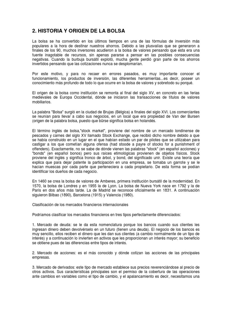 Historia y Origen de la Bolsa de Valores | PDF | Bolsa | Compartir ...