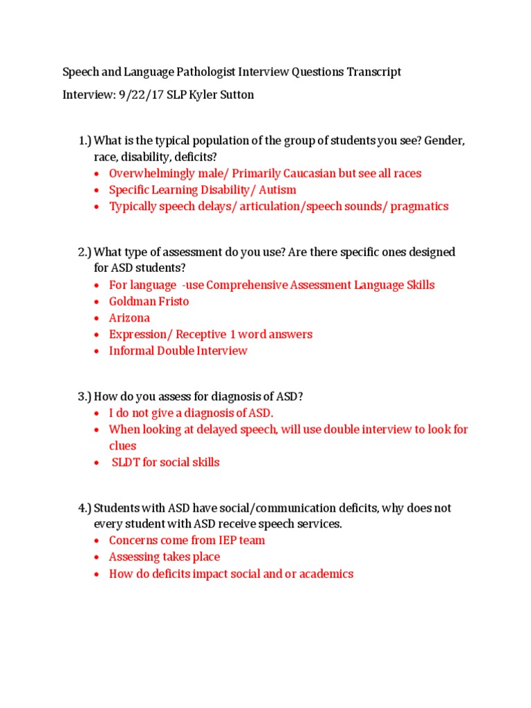 Speech and Language Pathologist Questions PDF Autism Spectrum