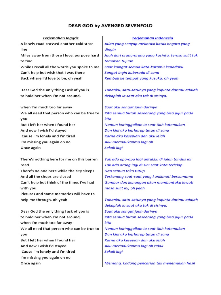 Lirik Dan Terjemah Lagu Dear God By Avenged Sevenfold