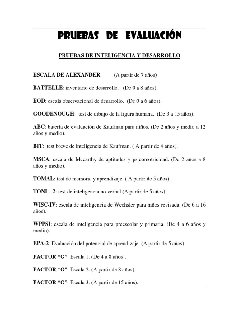 Lista De Pruebas Psicologicas Para Ninos Pdf Educacion Primaria Afasia