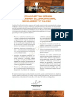 Politica de Gestion Integral de Seguridad, Salud Ocupacional, Medioambiente y Calidad