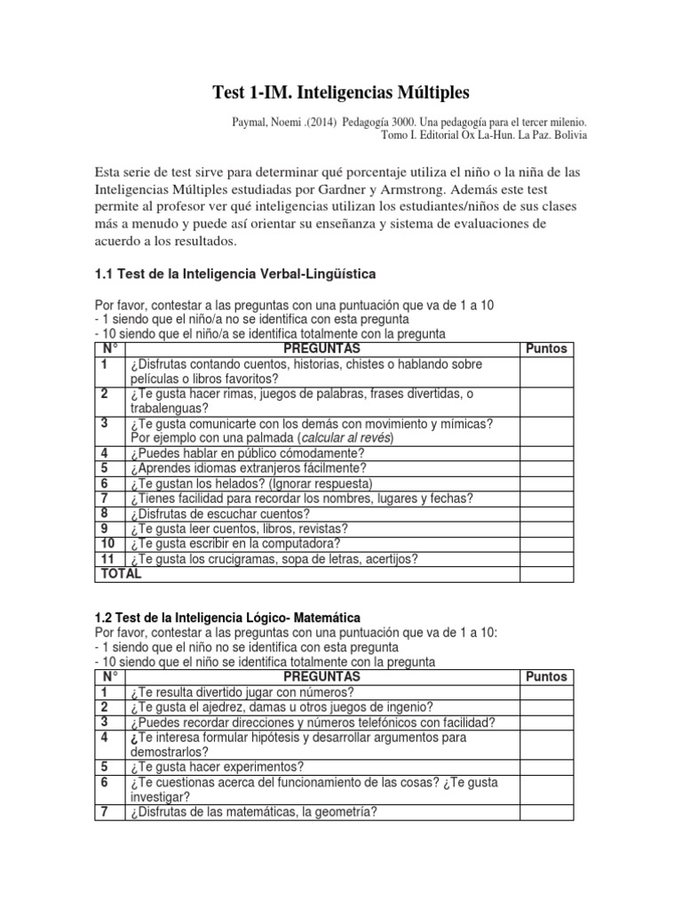 Test de Inteligencias Múltiples para Niños | PDF | Naturaleza | Cognición