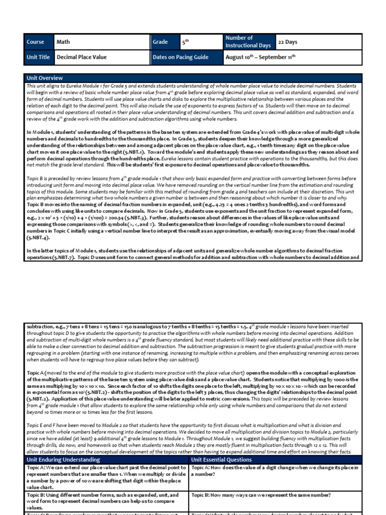 Mat 5 17 18 Unit 1 Plan Final 2 Fraction Mathematics Rounding