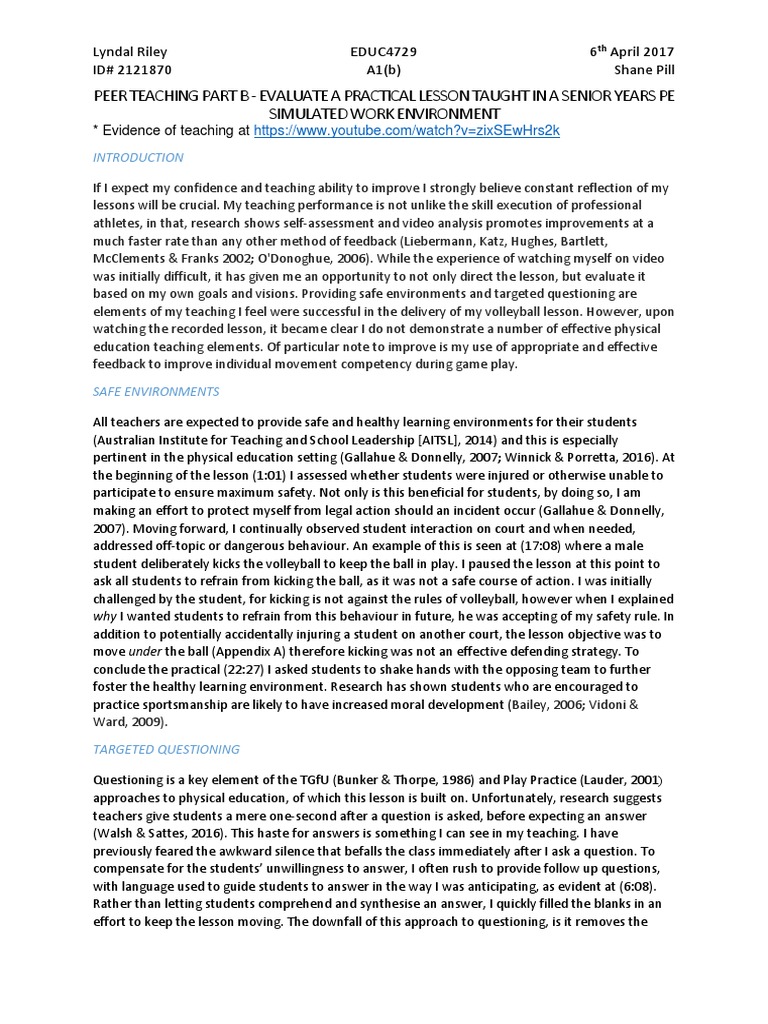 Reflection of Teaching Volleyball Lesson PDF Physical Education