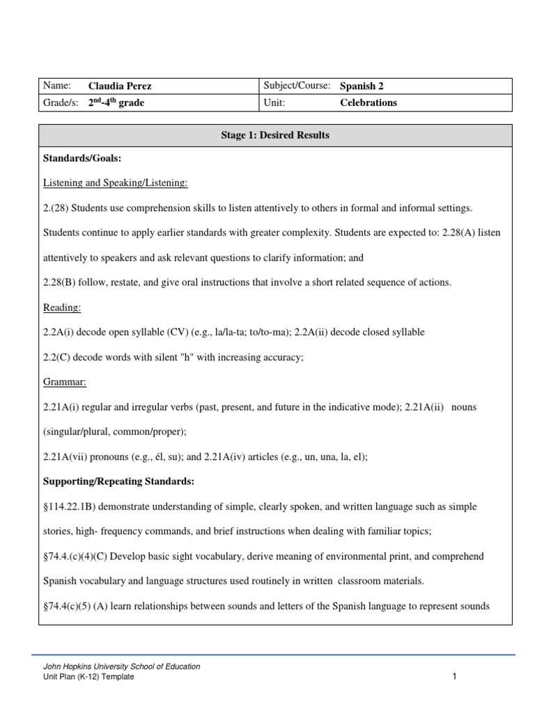Spanish Celebrations Unit Plan | PDF | Grammatical Gender | Educational ...