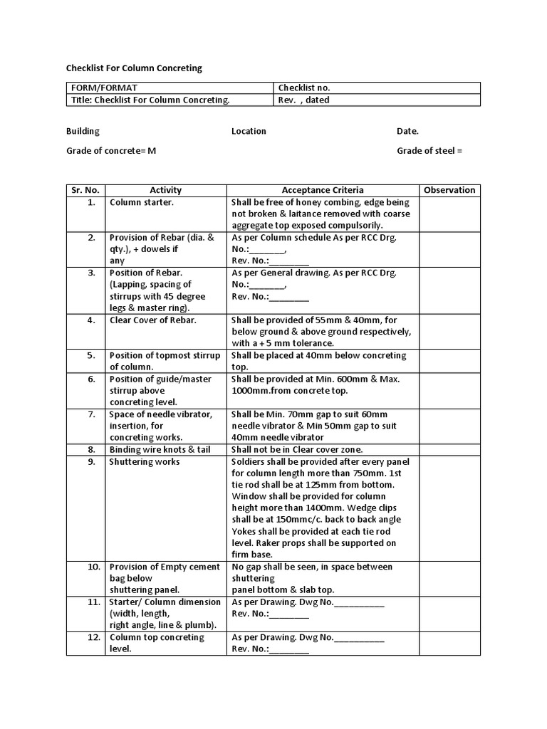 Column Concreting Checklist | PDF | Structural Engineering | Building ...
