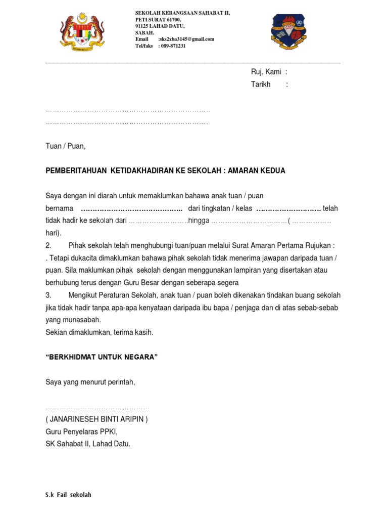 Contoh Surat Amaran Pertama Ponteng Sekolah