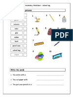 Match Words and Pictures 1 2 3: Vocabulary Worksheet - School Bag