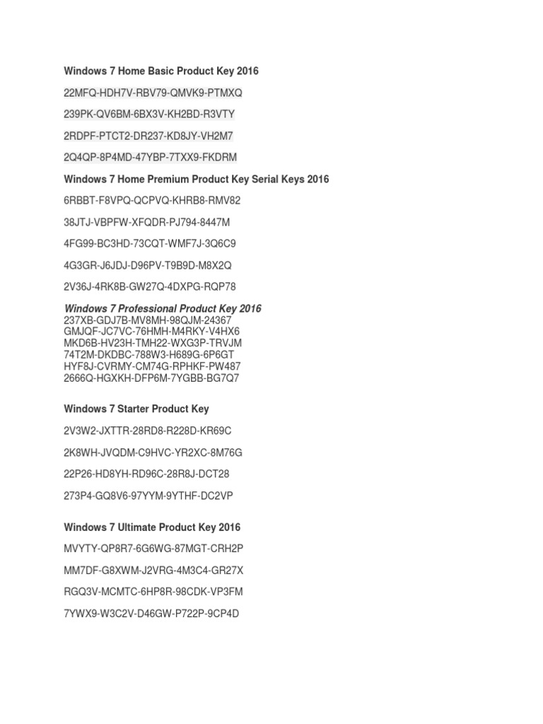 Windows 7 Home Basic Product Key 2016 PDF Operating System Families