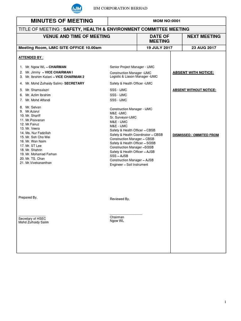 HSE Committee Meeting Minutes 0001 | PDF | Safety | Business