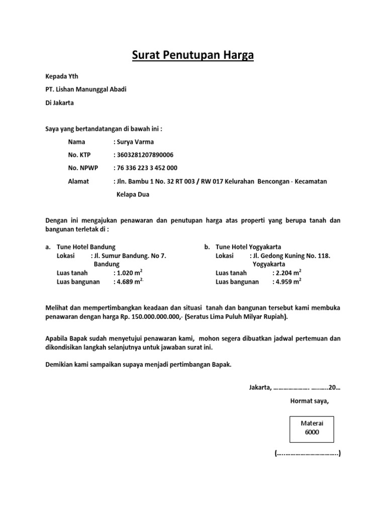 Surat Penutupan Harga Materai 6000 Pdf